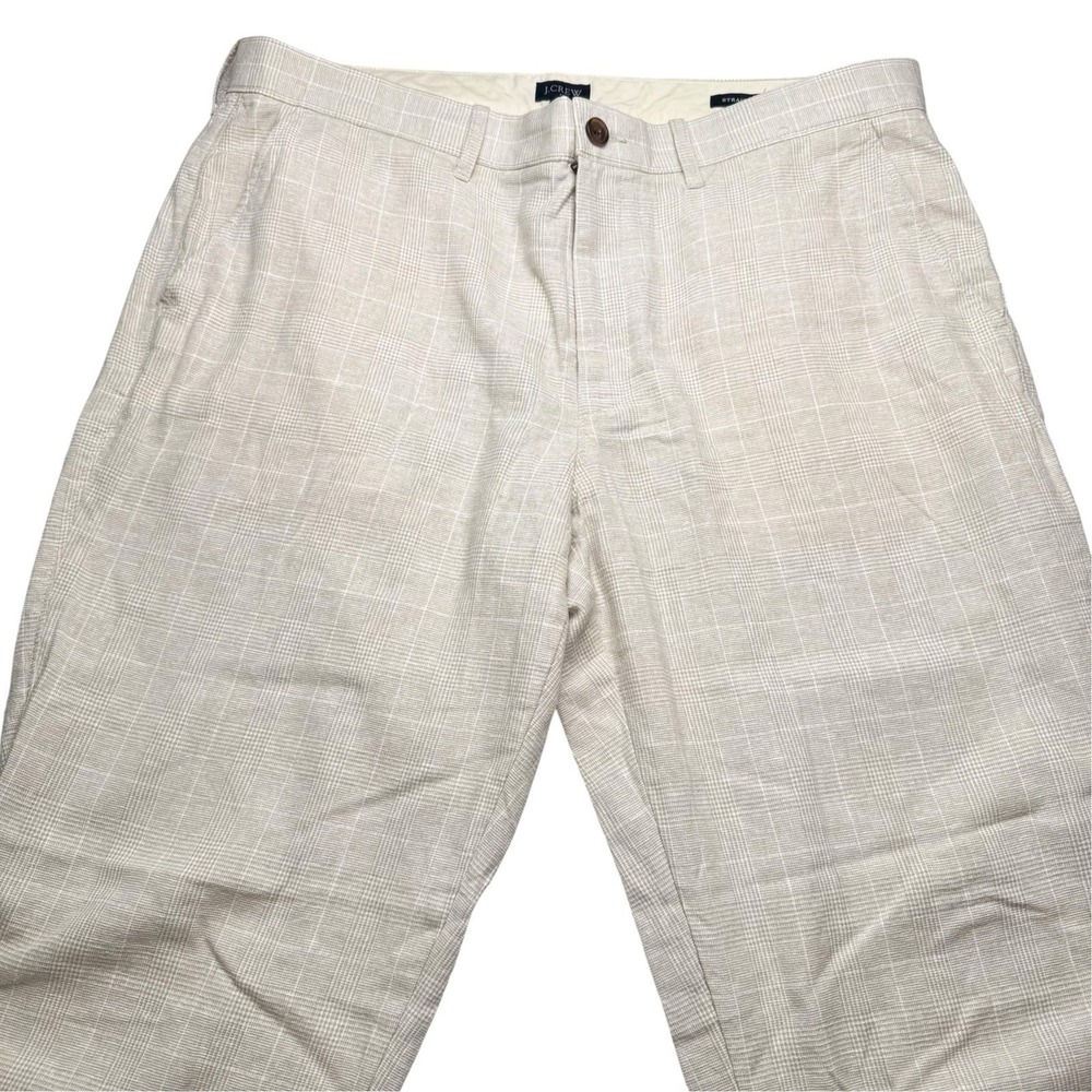 J Crew Straight Fit Pants - Mens 36x32 - Beige Glen Plaid Linen Blend